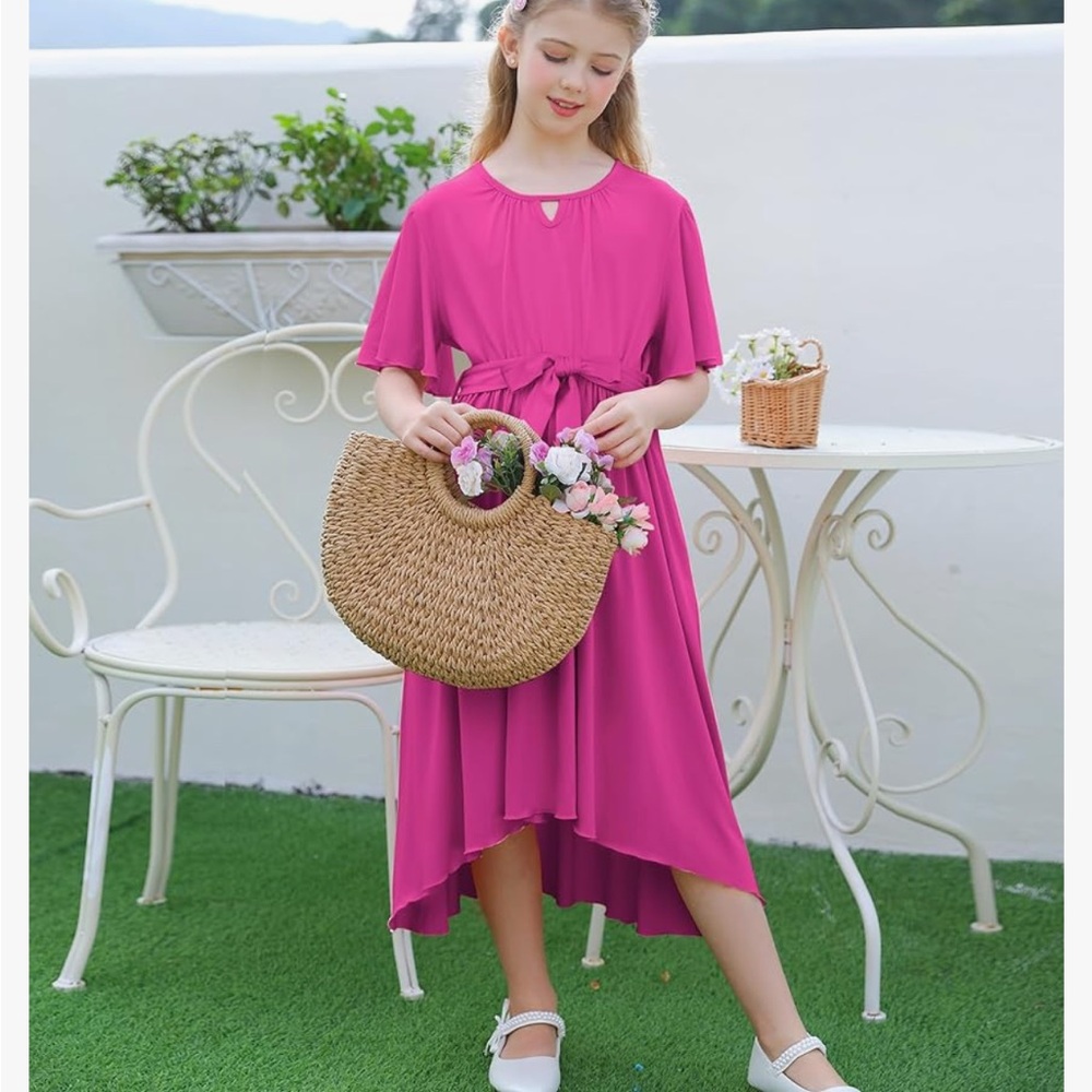 Girls Ruffle Dress Plain Casual A-Line Sundress Kids Party Dress with Belt